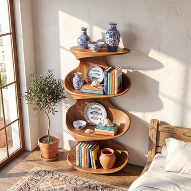 Sculpted Curve Solid Wood Bookshelf With Flowing Tiered Shelves
