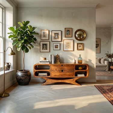 Modern Sideboard With Curved Open Shelving and Center Drawers
