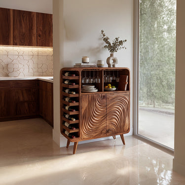 Carved Wood Wine Cabinet With Bottle Rack Storage
