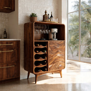 Carved Wood Wine Cabinet With Glassware Storage