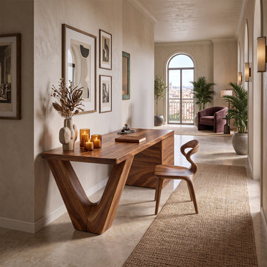 Large Wood Executive Desk With V-Shaped Leg and Four-Drawer Cabinet