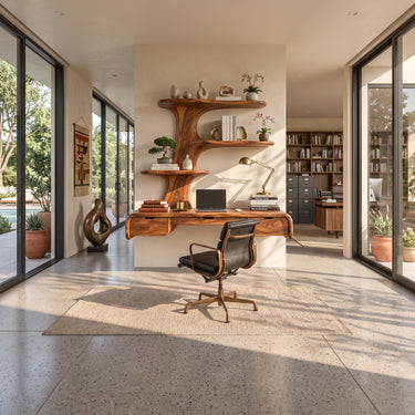 Wall Mounted Writing Desk With Four Drawers And Sculptural Display Shelves