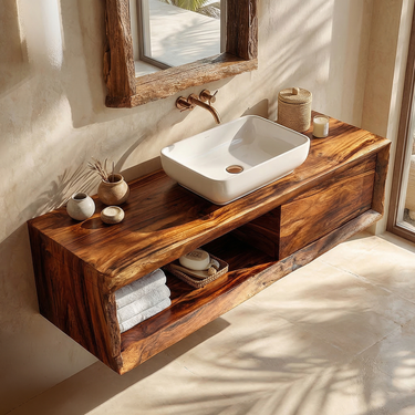 Live Edge Solid Wood Floating Vanity with Shelf for Rustic Modern Bathroom