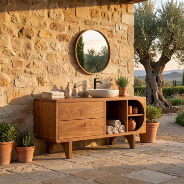 Solid Wood Bathroom Vanity with Drawers and Curved Open Shelves