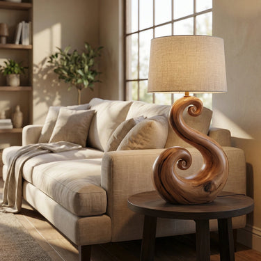 Hand-Carved Spiral Wood Table Lamp for Organic Modern Decor