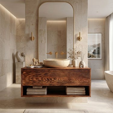 Textured Solid Wood Floating Vanity with Storage for Modern Bathroom