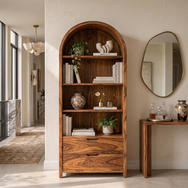 Arched Wood Bookshelf With Four Open Shelves And Two Drawers