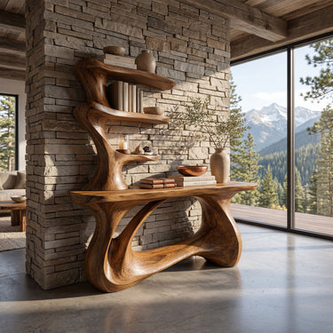 Sculptural Wood Console Table With Open Display Shelves