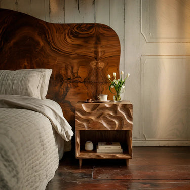 Modern Nightstand With Carved Front and Open Shelf in Natural Wood