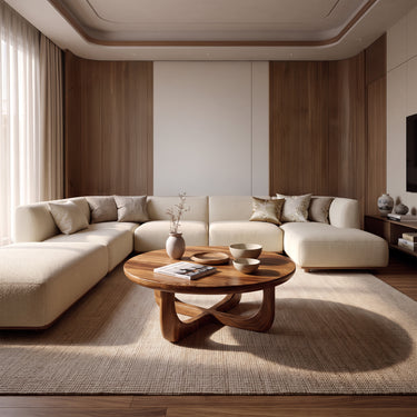Round Wood Coffee Table with Interlocking Sculptural Loop Base