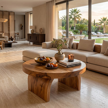 Round Solid Wood Coffee Table with Sculptural Block Base