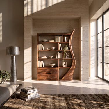 Tall Solid Wood Bookshelf With Open Shelves And Sculptural Curved Side