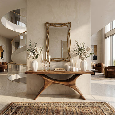 Mediterranean Style Console Table with Sculptural Natural Wood Base