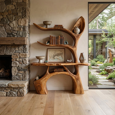 Sculptural Wood Console Table With Curved Display Shelves