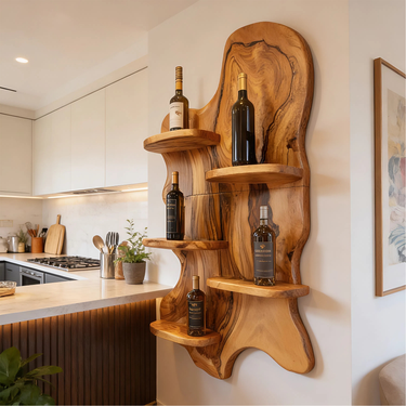 Live Edge Solid Wood Wall Wine Rack Handcrafted Floating Bar Shelf