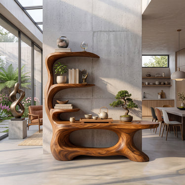 Coastal Sculptural Wood Console Table With Display Shelves