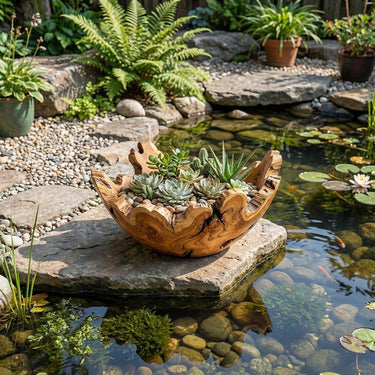 Organic Solid Wood Succulent Bowl Planter for Modern Home Decor