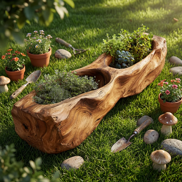 Handcrafted Solid Wood Herb Planter Trough for Natural Garden Decor