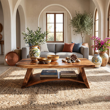 Solid Wood Coffee Table with Arched Base and Organic Edge Top