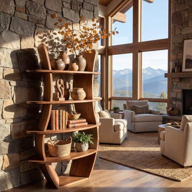 Curved Frame Solid Wood Bookshelf With Symmetrical Tiered Shelves