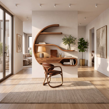 Solid Wood Floating Desk With Two Drawers And Integrated Wall Shelves