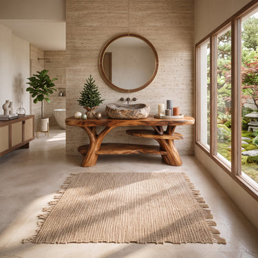 Rustic Natural Wood Bathroom Vanity with Tiered Shelves For Christmas Bathroom