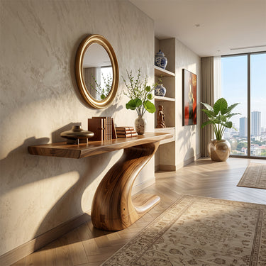 Organic Modern Entryway Console with Curved Wood Base