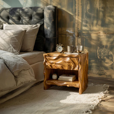 Carved Organic Nightstand With Drawer and Open Shelf in Natural Wood