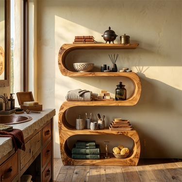 Natural Wood Display Shelf With Flowing S Curve Frame
