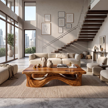 Rectangular Solid Wood Coffee Table with Triple Arch Pedestal Base