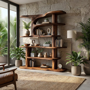 Modern Sculptural Bookshelf with Asymmetrical Tiered Shelves