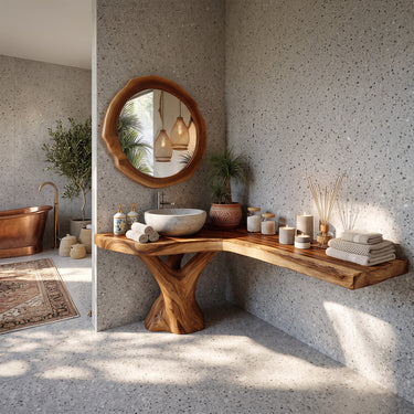 Natural Wood Corner Bathroom Vanity With Sculptural Pedestal Base