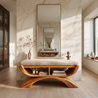 Wood Storage Bench With Cushion And Open Shelf For Bedroom