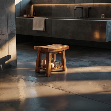 Square Shower Stool Natural Wood Bathroom Seat With Storage Shelf