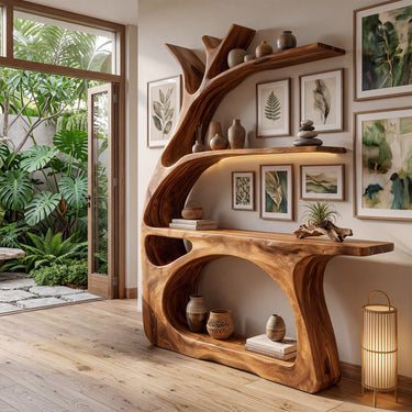 Sculptural Wood Kitchen Console With Curved Display Shelves
