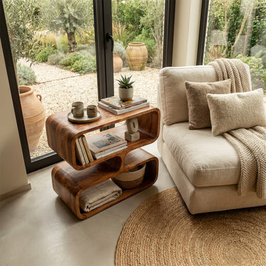 Natural Wood Side Table With Stacked Open Shelves