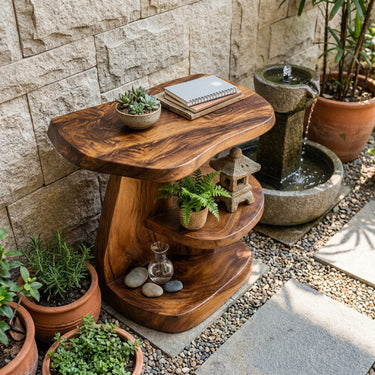 Natural Wood Side Table With Offset Tiered Shelves