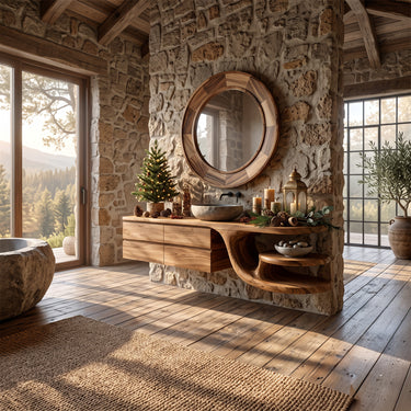 Floating Wood Bathroom Vanity with Drawers and Curved Shelves for Christmas Decor
