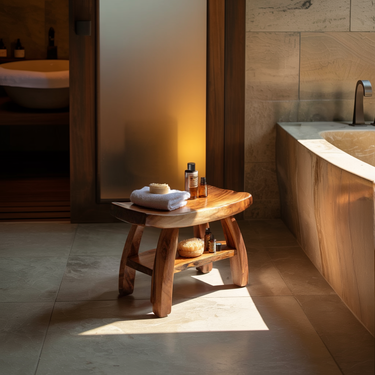 Spa Bathroom Bench Natural Wood Shower Seat With Storage Shelf