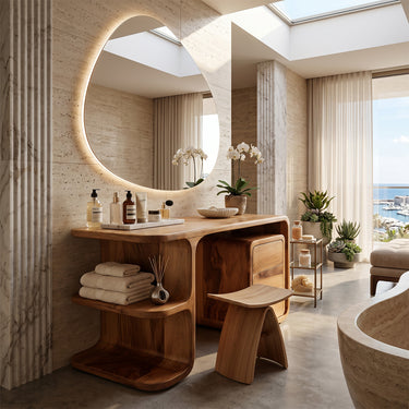 Natural Wood Dressing Vanity With Open Shelves And Cabinet Storage