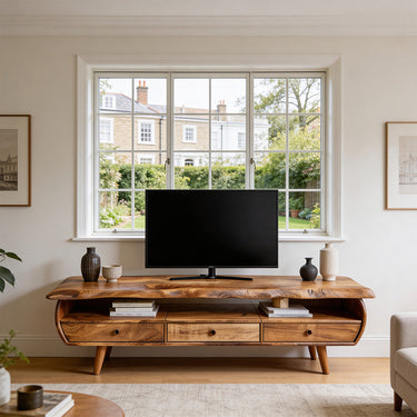 Natural Wood TV Console with Live Edge Top and Drawer Storage