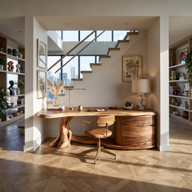 Solid Wood Executive Desk With Sculptural Base And Built In Storage