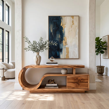 Natural Wood Console Table With Curved Open Storage