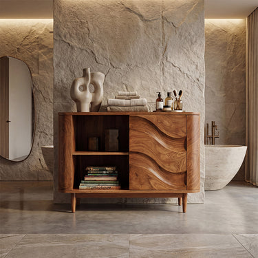 Curved Wood Accent Cabinet With Carved Wave Door