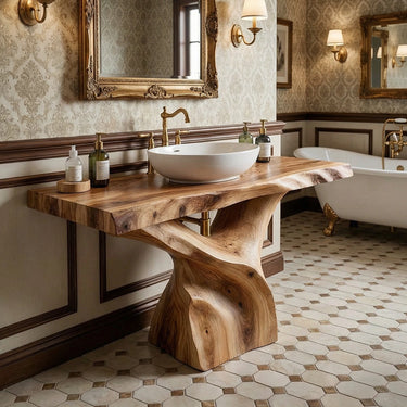 Natural Solid Wood Vanity Table with Sculptural Organic Base