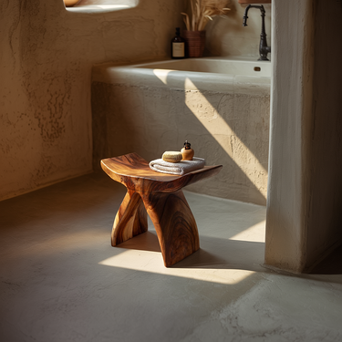 Sculpted Shower Bench Natural Wood Bathroom Stool Design