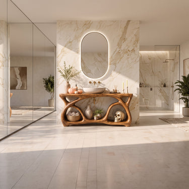Organic Wood Halloween Bathroom Vanity with Curved Base For Luxury Bathroom
