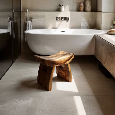 Carved Shower Stool Natural Wood Bathroom Seat Sculptural Design