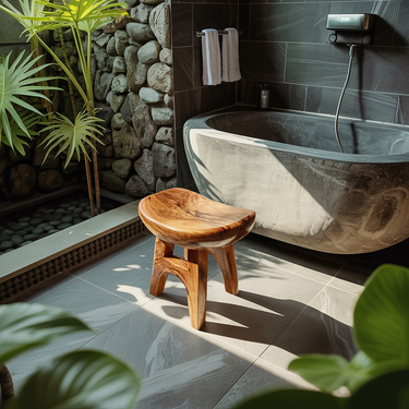 Curved Seat Shower Stool Natural Wood Modern Bathroom Seating