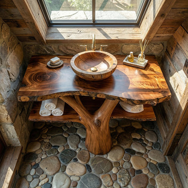 Live Edge Solid Wood Vanity with Integrated Shelves for Spa Bathroom